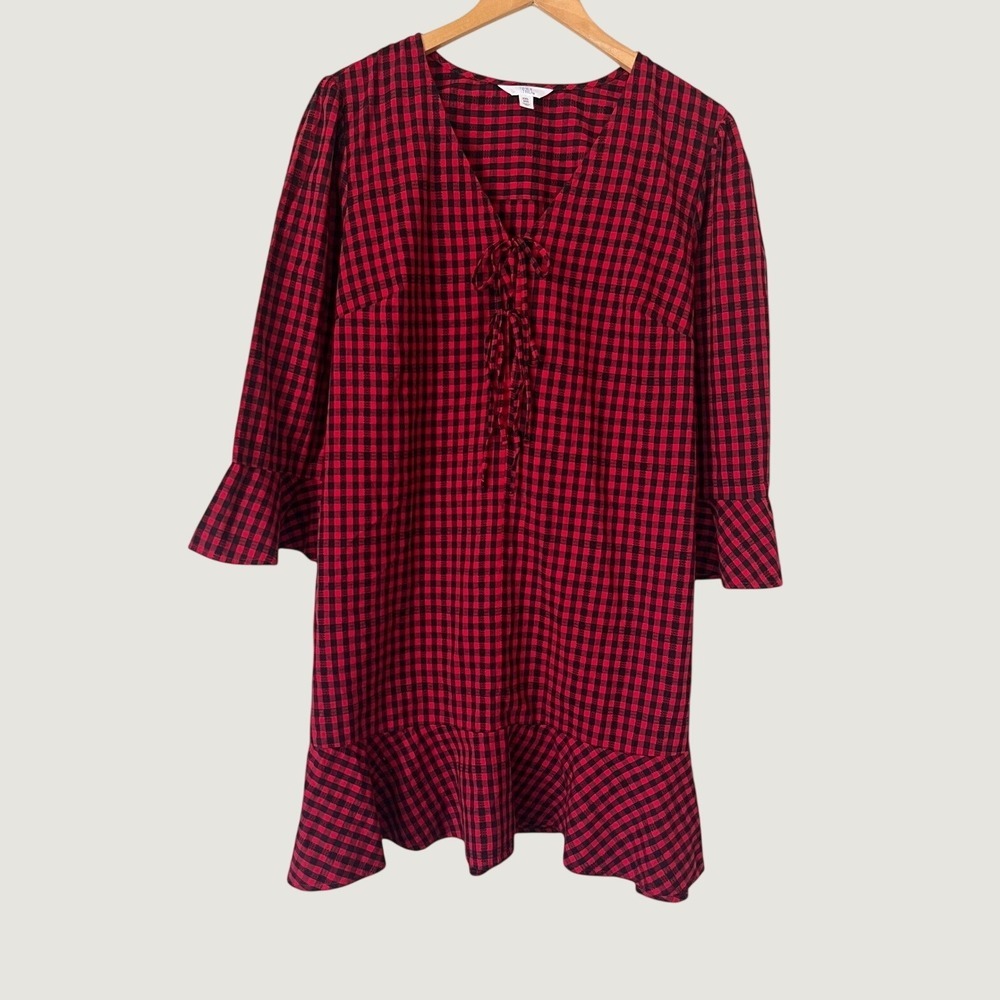 Time and Tru Red Black Gingham Plaid Lace Up Ruffle Dress XXL retro modest